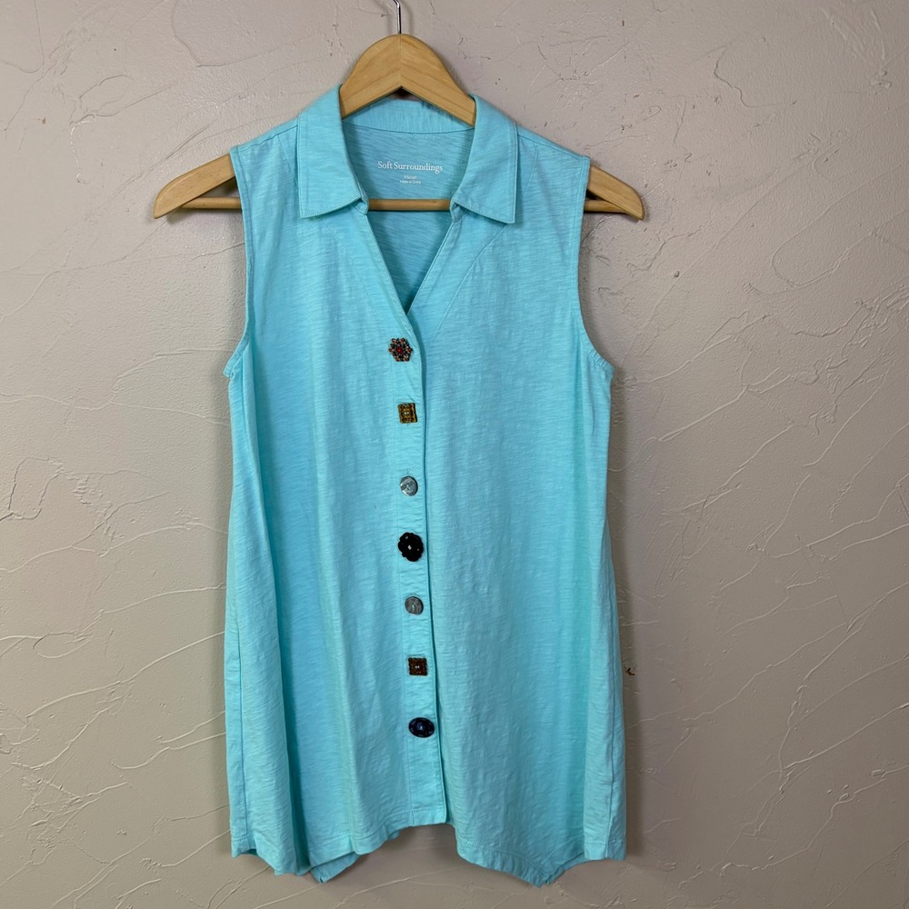 Soft Surroundings Sleeveless Tunic Womens XS Aqua Blue Mixed Button Slub Cotton